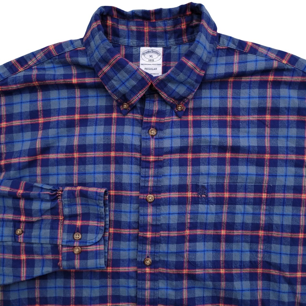 Brooks Brothers Shirt Men XL Regular Fit Flannel Blue Pink Plaid Button Up